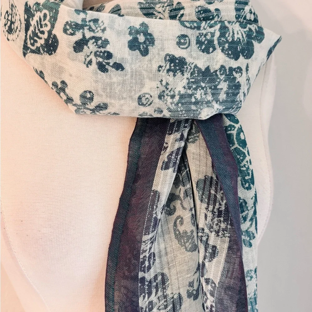 Coccinelle Block Print Silk Linen Blend Fringe Trim Scarf White Blue Green